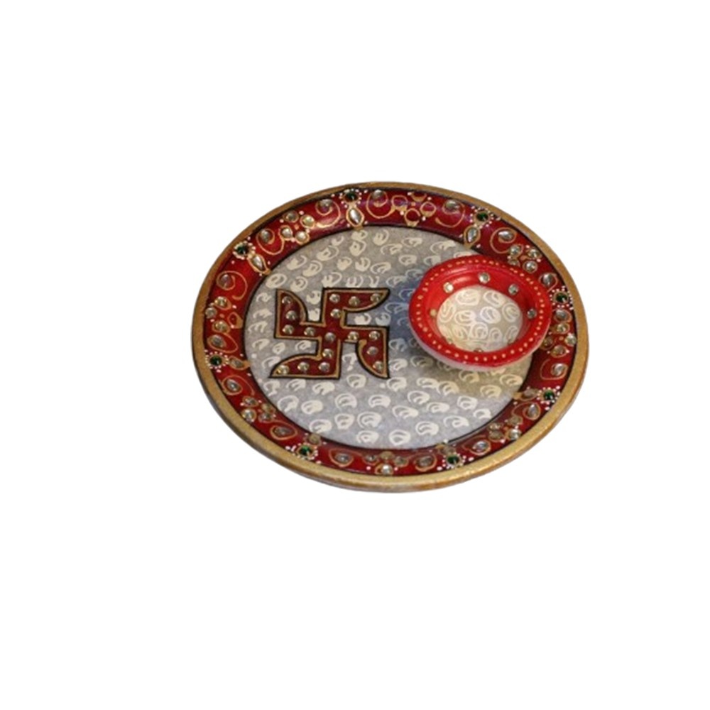 Decorative Meenakari Work Marble Round Pooja Thali with Printed Swastik